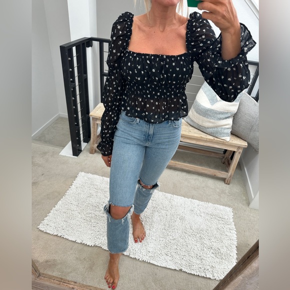 H&M divided black & white floral Chiffon Blouse long sleeve ruffle crop top S - Picture 1 of 12
